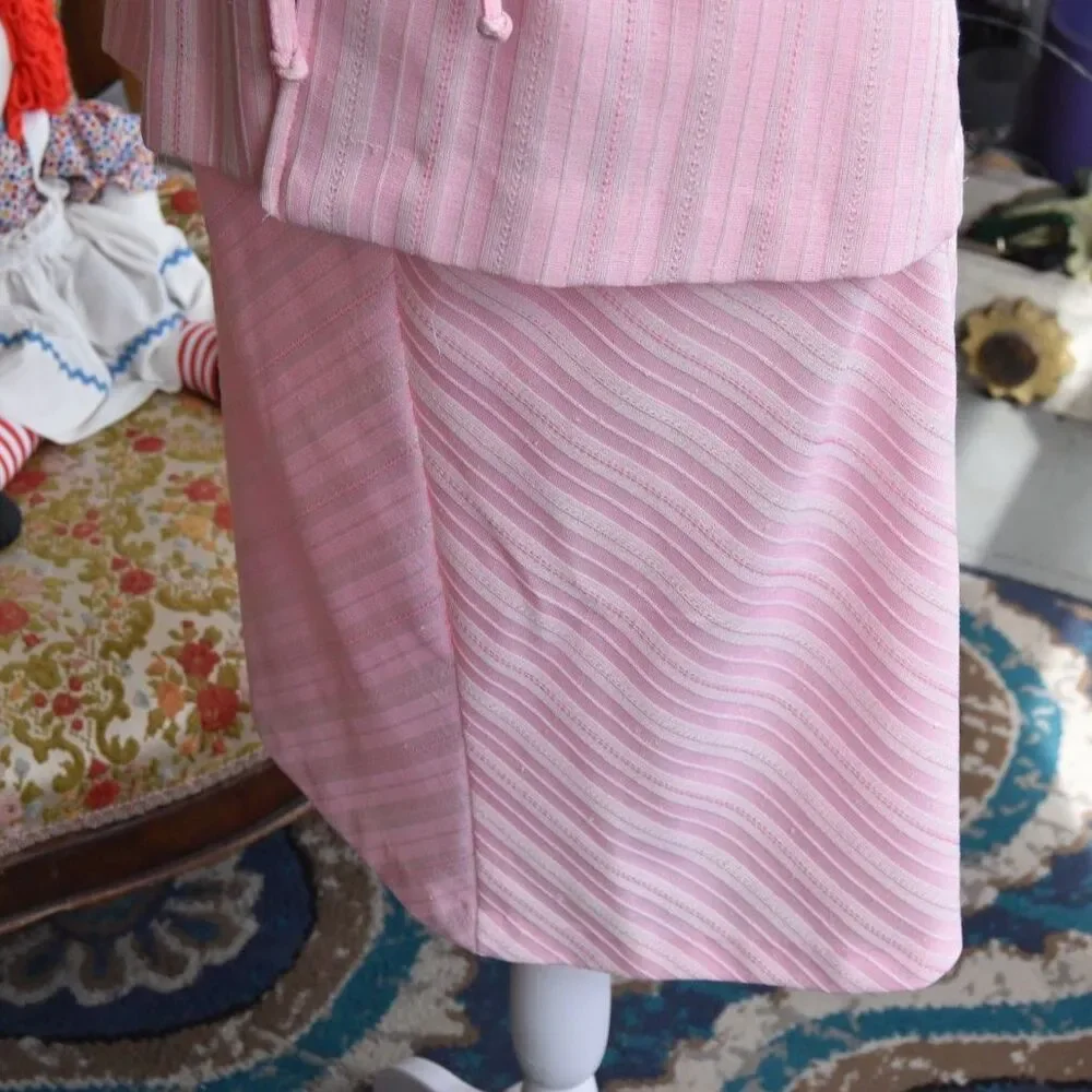Vintage 60s Pink Stripe 2pc Skirt Set Cotton Summer Drawstring Medium